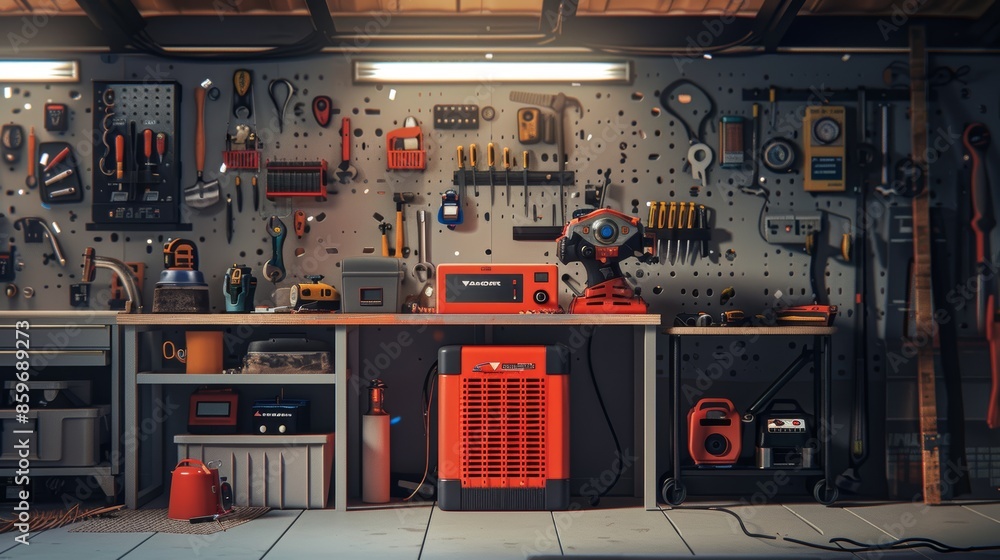 Poster compact red gasoline generator in well-organized workshop for efficient power solutions