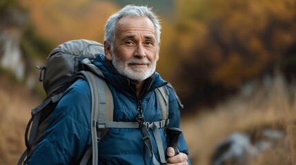 Obraz premium Elderly man with trekking poles and backpack posing outdoors with autumn foliage