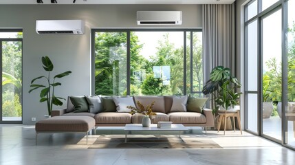 Naklejka premium Modern Living Space with Efficient Air Conditioning, Stylish Furniture, and Indoor Plants