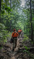 Fototapeta premium Team of Workers Clearing Forest Path with Chainsaws for New Hiking Trail Development
