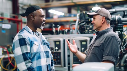 Technician Explaining Gasoline Generators to Customer in Industrial Setting - Sales and Consultation