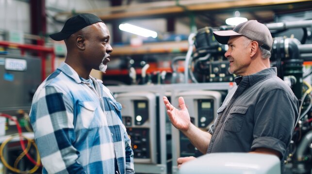 Technician Explaining Gasoline Generators to Customer in Industrial Setting - Sales and Consultation