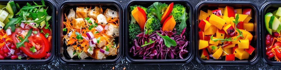 Naklejka premium vegetables and salads in plastic containers. Selective focus