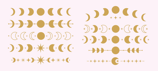 Set of mystic magic moon line. Crescent gold moons and stars dividers. Astrology ornament.