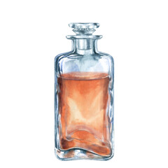 Craft vintage glass bottle with brown liquid with a glass stopper. Watercolor illustration of liqueur, amaretto, perfume, aromatic oils for aromatherapy, alcohol, alchemy, drinks, cooking