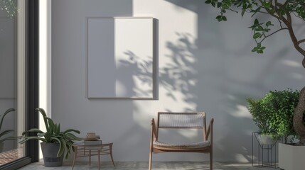 Minimalist Living Room with Empty Frame, Sunlight, and Green Plants