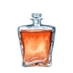 Craft vintage glass bottle with brown liquid with a glass stopper. Watercolor illustration of liqueur, amaretto, perfume, aromatic oils for aromatherapy, alcohol, alchemy, drinks, cooking