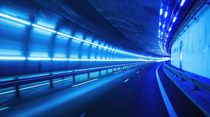 A long, curving road tunnel with blue lights on the ceiling and walls. The road is smooth and empty, featuring lane dividers and a guardrail.