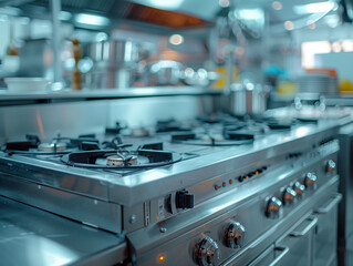 A close-up shot of a stainless steel stovetop with multiple gas burners in a commercial kitchen