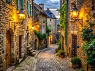 Fototapeta premium A Narrow Cobblestone Street In A Charming French Village Is Lit By Warm Street Lamps At Dusk.
