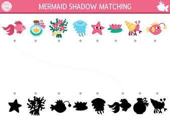 Mermaid shadow matching activity with starfish, jellyfish, fish, seaweeds. Fairytale ocean kingdom puzzle with. Find correct silhouette printable worksheet, game. Marine page for kids.