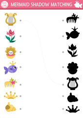 Mermaid shadow matching activity with sea princess accessory. Fairytale ocean kingdom puzzle with cute comb, fish, seashell. Find correct silhouette printable worksheet. Marine page for kids.