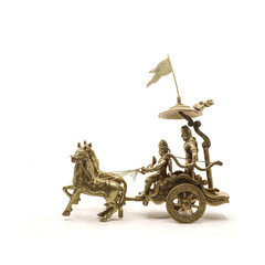 a model of a horse chariot of krishna and arjun as soldiers used during battles handcrafted in gold isolated in a white background
