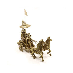 a model of a horse chariot of krishna and arjun as soldiers used during battles handcrafted in gold...