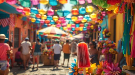 Obraz premium Vibrant Street Festival with Popsicle Vendor and Colorful Decorations for Summer Fun