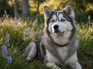 Fototapeta premium Beautiful dog with thick, fluffy coat lying on grass in serene meadow filled with blooming purple flowers. Sunlight filters through trees in background, casting warm glow over scene.