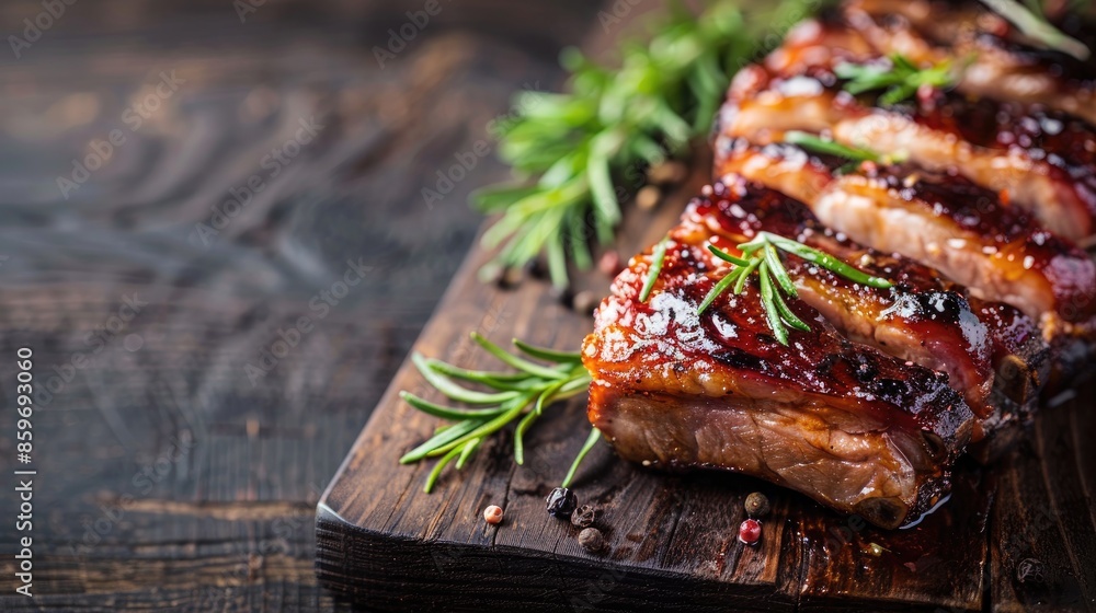 Poster fresh pork appetizer on rustic table with copy space