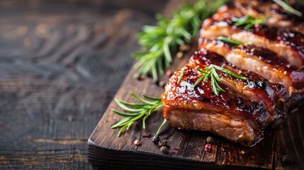 Fresh pork appetizer on rustic table with copy space