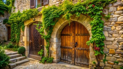 Fototapeta premium Rustic Wooden Doors And Windows Of A Medieval Stone House Overgrown With Green Ivy
