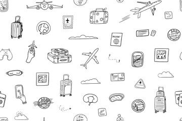 Seamless pattern of travel elements. Hand drawn. Suitcase, baggage, plane, fly, ticket, postcard, flight, boarding pass, clouds, view from the window, postage stamp, passport stamp, passport, route