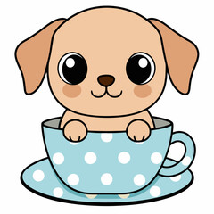 puppy sitting in a teacup with a polka dot pattern. The puppy should have large, round eyes and a cute smile silhouette vector art illustration