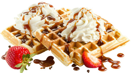 Two Waffles with Caramel Sauce, Whipped Cream, and Strawberries on Transparent Background - Delicious Dessert for Gourmet Snack and Breakfast, Perfect Indulgence in Homemade Culinary Art.