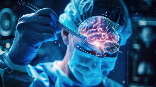 Advanced neurosurgical tools conducting a craniotomy with holographic brain mapping