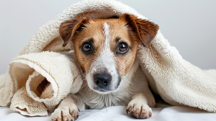 Dog drying off with towels alone on white background