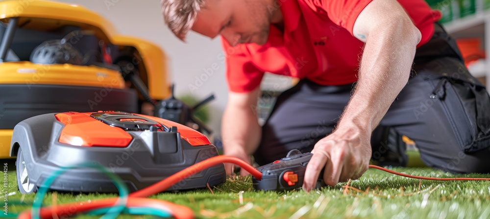 Poster technician utilizing diagnostic tools for robotic lawnmower maintenance in workshop setting