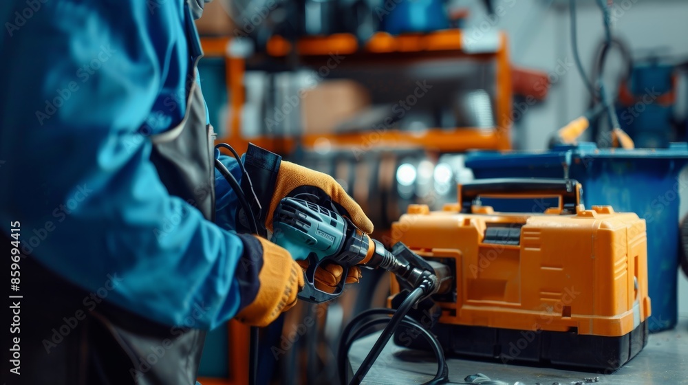 Poster technician using diagnostic tools to repair gasoline generator in professional workshop setting