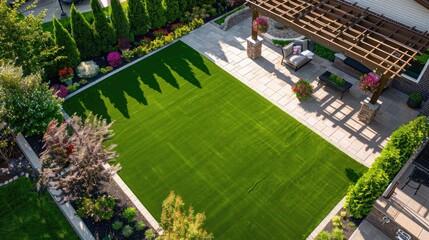 Bird's eye perspective of a spacious suburban backyard with an artificial grass playing field,  