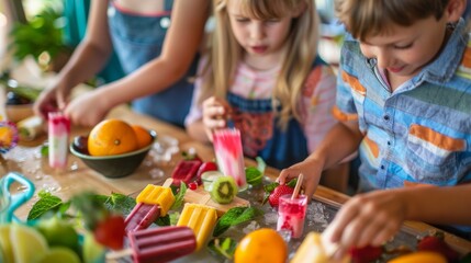 Family Fun with Homemade Popsicles - Kids and Parents Creating Colorful Frozen Treats