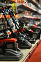Fototapeta premium Lawn Mowers with Interchangeable Blades and Accessories in Home Improvement Store Display