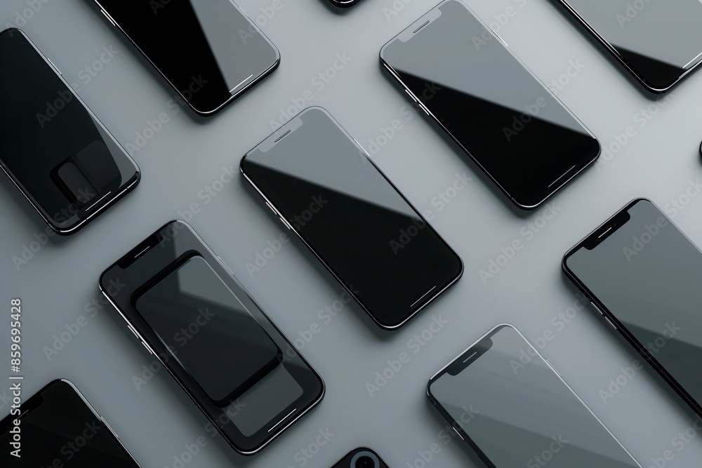 Poster multiple smartphones at different angles on a gray background, perfect for displaying technology pro