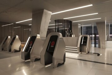 Conceptual design of a sleek, automated ticketing system for a minimalist stadium entry