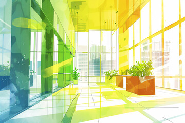 Bright and spacious modern office interior with large windows green tint and abundant natural light featuring minimalist design