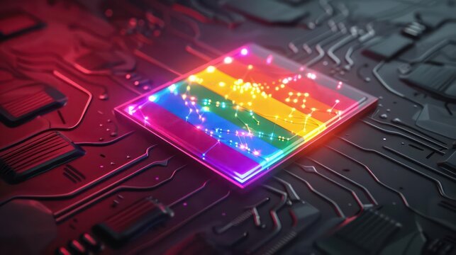 Conceptual hightech badge featuring a pride flag integrated into its digital design
