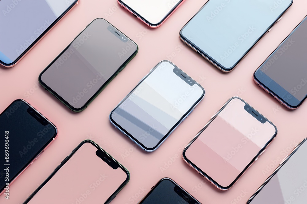 Leinwandbilder a flat lay image showcasing multiple modern smartphones arranged in various angles against a pink ba