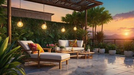 Terrace in the tropics and sunset