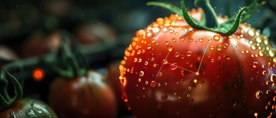 Conceptual image of a tomato with integrated nanotech sensors tracking its ripeness