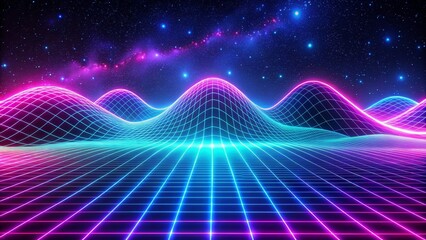 Retro 80s Sci-Fi Neon Grid Landscape with Starry Sky