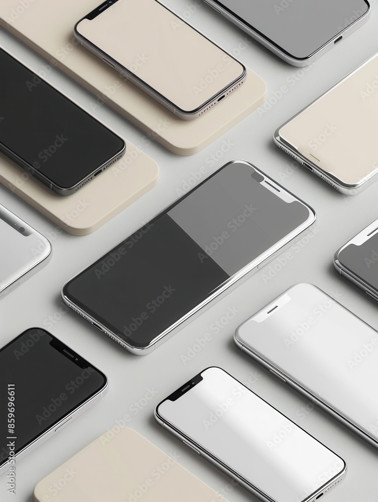 Poster A close-up photo of multiple modern smartphones arranged in a geometric pattern on beige surfaces. Generative AI