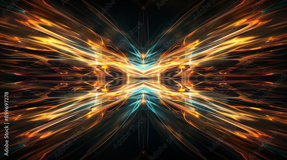 Poster golden neon reflections on a dark abstract background with regular lines. it is an aesthetic combina