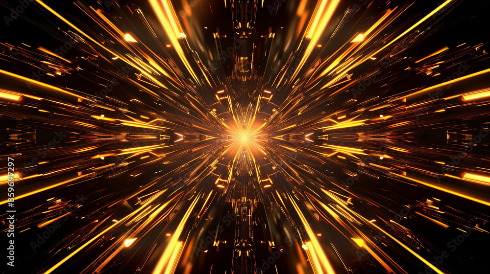 Poster golden neon reflections on a dark abstract background with regular lines. it is an aesthetic combina