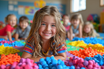 Smiling blonde girl playing with colorful building blocks in classroom, surrounded by cheerful classmates. Concept of early childhood education, creativity, and social development.