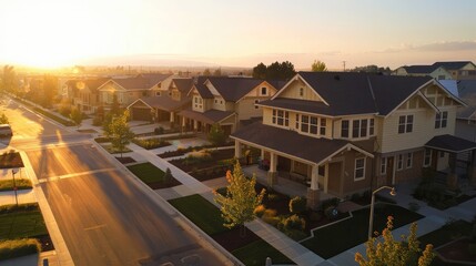 Bird's eye view of a tranquil suburban setting at dawn, a Craftsman style house in sandy beige stands out among empty, quiet streets under the soft morning light.