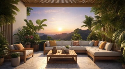 Terrace in the tropics and sunset
