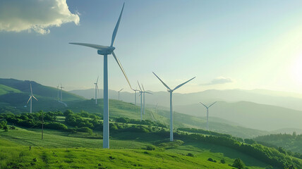 Eco power. Wind turbines generating electricity, AI Generative.
