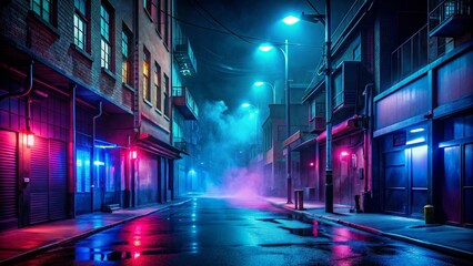 Neon City Alleyway at Night - Colorful Lights Reflecting in Wet Pavement