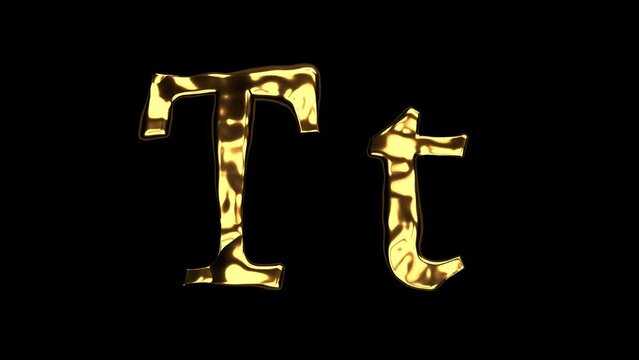 Upper and lower case T alphabet with golden fluid texture, latin script with bright yellow lava style, english letter with dented and horror look